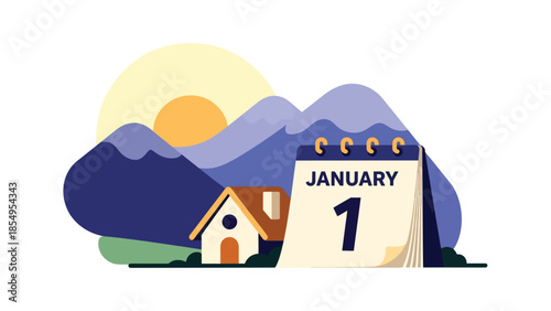 Modern flat vector illustration of New Year morning sunrise over mountains with small house and January 1 calendar, calm winter scene, ideal for backgrounds