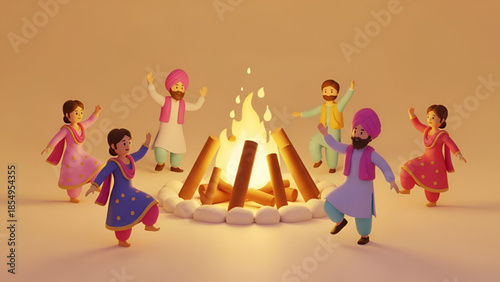 Lohri festival celebration illustration with people dancing around bonfire in traditional attire showing harvest season joy cultural unity warmth happiness and rural festivity