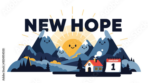 Modern flat vector illustration of New Year New Hope morning sunrise over mountains with small house and January 1 calendar, calm winter scene, ideal for background
