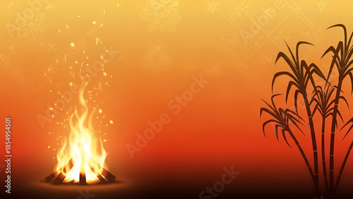 Lohri harvest festival background illustration with glowing bonfire fire sparks sugarcane plants warm sunset colors rural winter celebration cultural seasonal design