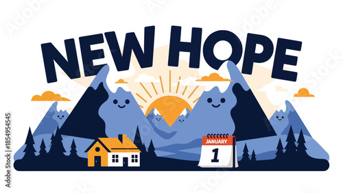 Modern flat vector illustration of New Year New Hope morning sunrise over mountains with small house and January 1 calendar, calm winter scene, ideal for background