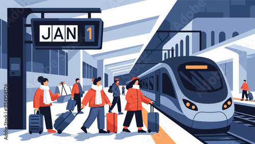Modern flat vector illustration of New Year travel scene at train station with January 1 sign, night setting, ideal for travel promotions