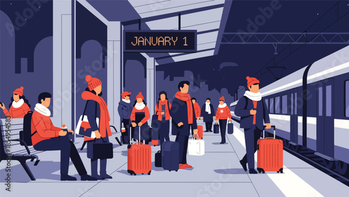 Modern flat vector illustration of New Year travel scene at train station with January 1 sign, night setting, ideal for travel promotions