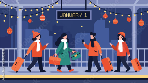Modern flat vector illustration of New Year travel scene at train station with January 1 sign, night setting, ideal for travel promotions