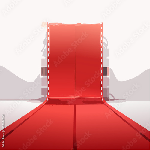 Red carpet leading to a film reel, symbolizing cinema or a premiere.