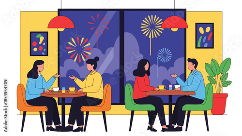Modern flat vector illustration of New Year café scene with people chatting and fireworks outside window, cozy festive mood, ideal for lifestyle designs