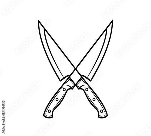 Two crossed kitchen knives in a simple black and white line art illustration
