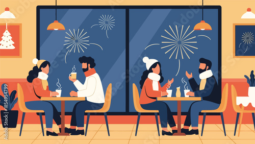 Modern flat vector illustration of New Year café scene with people chatting and fireworks outside window, cozy festive mood, ideal for lifestyle designs