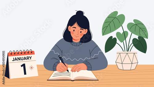 Modern flat vector illustration of New Year resolutions concept with person writing goals at desk, clean interior scene, ideal for motivation content