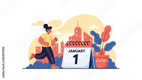 Modern flat vector illustration of New Year fitness resolution with person jogging in city park at sunrise, motivational scene, ideal for health content