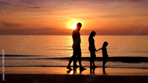 Family Strolling Along Beach During Sunset Creating Warm Sunset Scene with