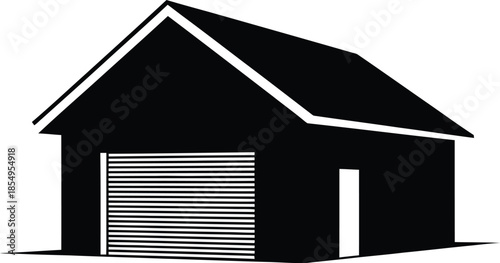 Black and white silhouette icon representing a small building with a garage door for storage