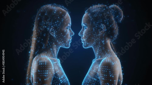 Two glowing wireframe women connect, representing digital identity, artificial intelligence, data transfer, and future technology interface.