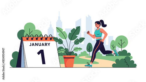 Modern flat vector illustration of New Year fitness resolution with person jogging in city park at sunrise, motivational scene, ideal for health content