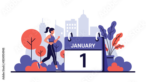 Modern flat vector illustration of New Year fitness resolution with person jogging in city park at sunrise, motivational scene, ideal for health content