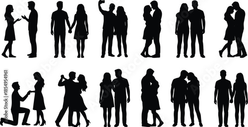 Silhouette couples in romantic poses showing love, dating, proposal, dance and togetherness, ideal for relationships, wedding concepts, Valentine themes and lifestyle design