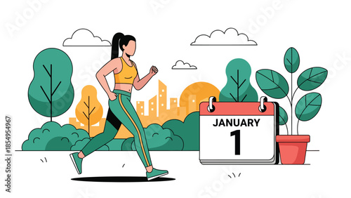 Modern flat vector illustration of New Year fitness resolution with person jogging in city park at sunrise, motivational scene, ideal for health content