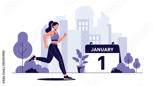 Modern flat vector illustration of New Year fitness resolution with person jogging in city park at sunrise, motivational scene, ideal for health content