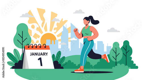 Modern flat vector illustration of New Year fitness resolution with person jogging in city park at sunrise, motivational scene, ideal for health content