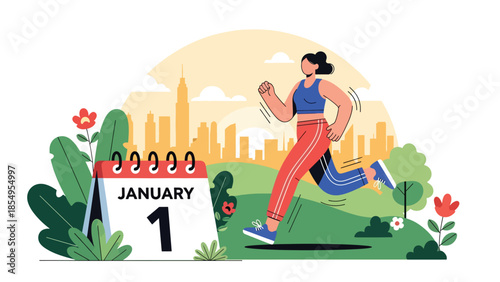 Modern flat vector illustration of New Year fitness resolution with person jogging in city park at sunrise, motivational scene, ideal for health content