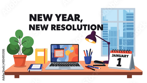 Modern flat vector illustration of New Year New Resolution workspace reset with clean desk, laptop and January calendar, minimal interior, ideal for business content