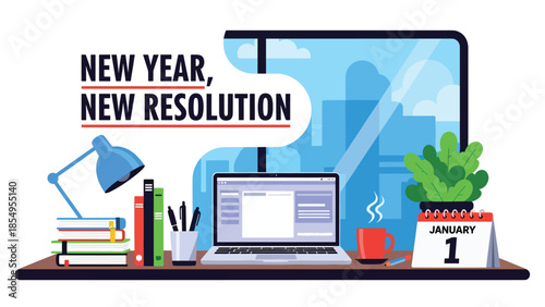 Modern flat vector illustration of New Year New Resolution workspace reset with clean desk, laptop and January calendar, minimal interior, ideal for business content