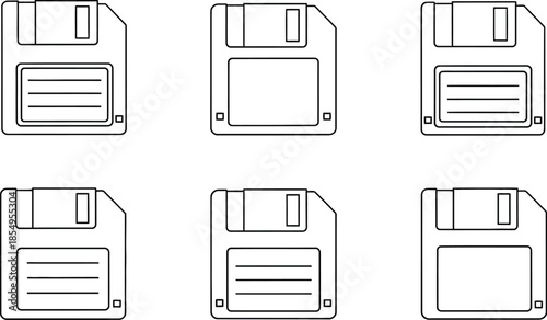 Collection of six black and white line art icons representing old floppy disk data storage media