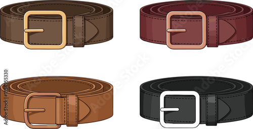 Leather belt vector illustration set with rolled belts and metal buckles in brown, black, and burgundy colors for fashion, clothing, and accessory design