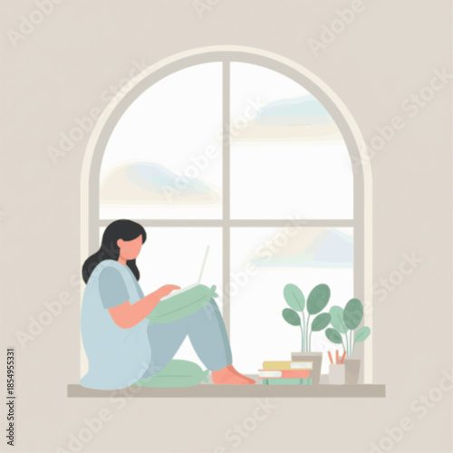 Minimalist vector of person working on windowsill with laptop and plants