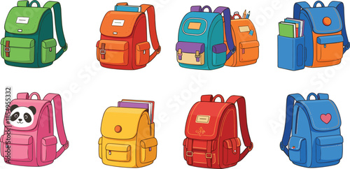 Cute school backpack vector set with colorful cartoon bags for kids, students, and education themes, playful accessories for learning and back to school design