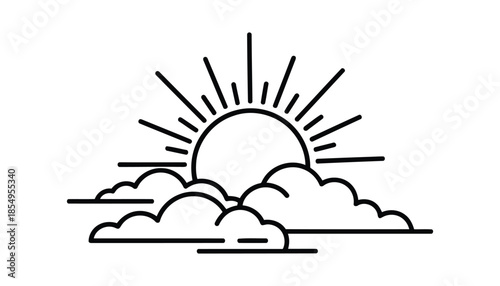 A simple line drawing of a sunrise or sunset with clouds and sun rays