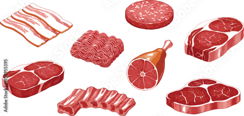Raw meat vector illustration set with beef, pork, bacon, ribs, steak, and ground meat cuts for butcher shop, food packaging, and culinary design