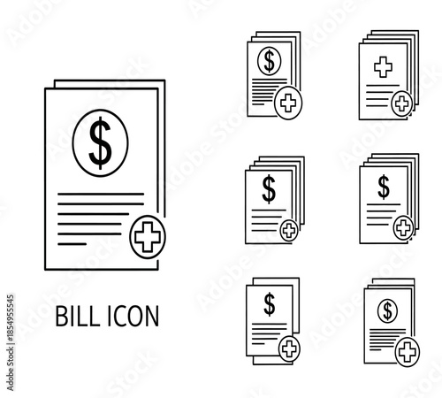 Healthcare billing and medical expenses represented by document icons with dollar and plus signs