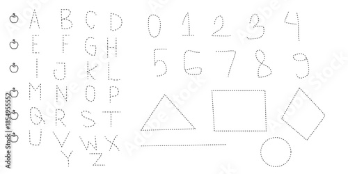 Geometric shapes and alphabet letters in a pixelated grayscale image