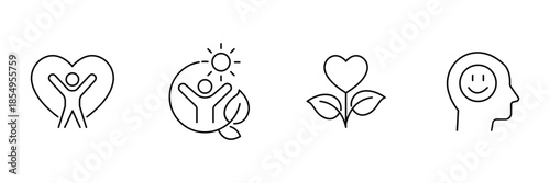 Freshness happiness icon set, person in heart care, eco sunlight wellness, love flower growth, positive smiley mind mental health illustration.