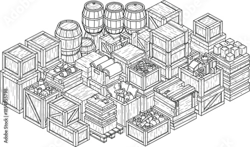 Isometric black and white illustration depicting a massive cluttered storage area overflowing with stacked wooden crates barrels and various packed goods awaiting shipment or inventory.