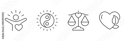 Freshness harmony icon set, happy heart person, shining yin yang balance, love justice scales, eco friendly nature heart illustration.