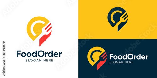 Creative simple food order logo template. Location symbol with fork logo design vector illustration.