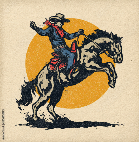 a vintage cartoon illustration of a cowboy riding a bucking horse for a tshirt design. the image a western retro inspired image and on a white background.
