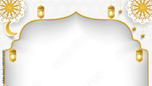 Islamic Background with white and gold crescent, lantern, stars and mandala.