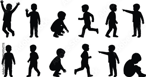 Silhouettes of children in various poses, black figures, walking, running, squatting, pointing, sitting, expressive gesture, body language, white background, motion variety