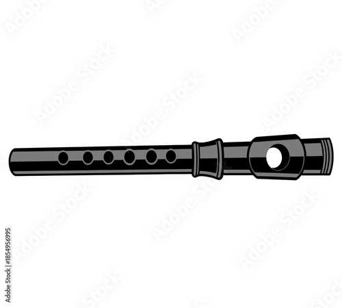 A detailed illustration of a black recorder a woodwind instrument displayed on a white background