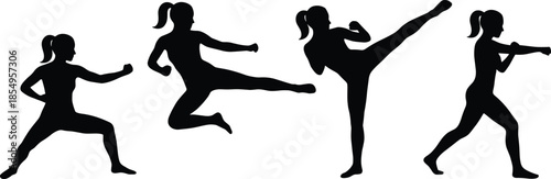 Silhouettes of martial artist in action, black figure, kickboxing pose, ponytail fighter, high kick, punch, combat stance, white background, dynamic motion