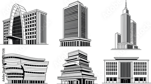 Modern city building outline illustration set, skyscraper and office architecture icons, black and white urban landmarks, line art style, isolated on white background