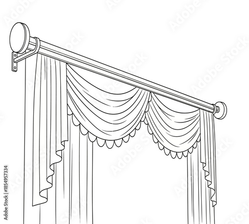Detailed black and white line drawing of a window with decorative curtains and a rod