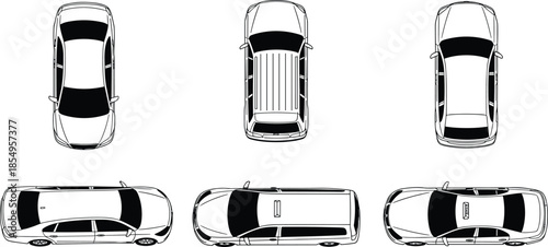 Top view car outline illustration set, sedan and SUV vehicle blueprint, black and white automotive design, isolated on white background for transportation concept advertising
