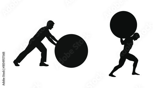 Two people carrying large oval objects side by side in silhouette