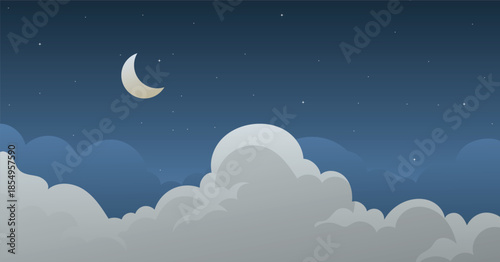 Cloudy night sky with moon and stars, cloudscape