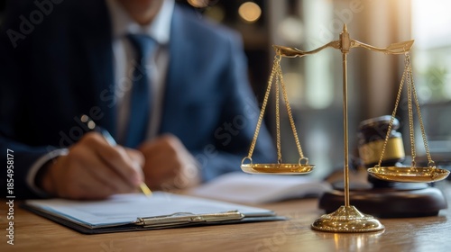 A close-up shot of a golden balance scale and gavel next to a person in a suit, writing on paper