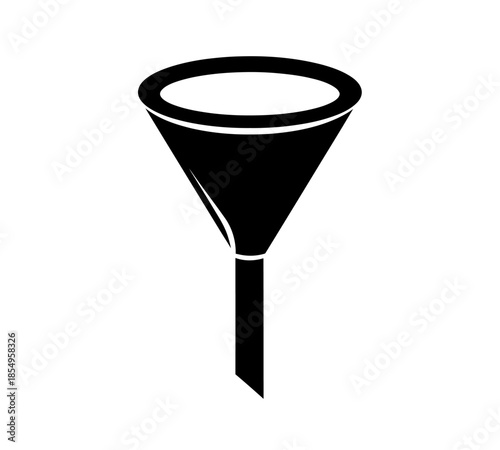 Simple black and white illustration depicting a classic funnel shape on a white background